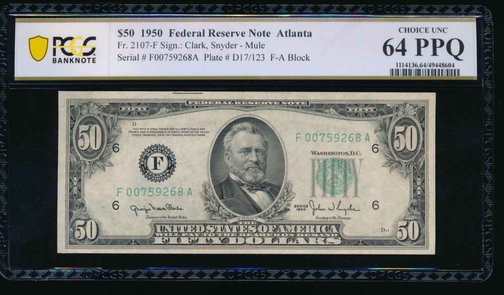 Fr. 2107-F 1950 $50  Federal Reserve Note Atlanta PCGS 64PPQ F00759268A