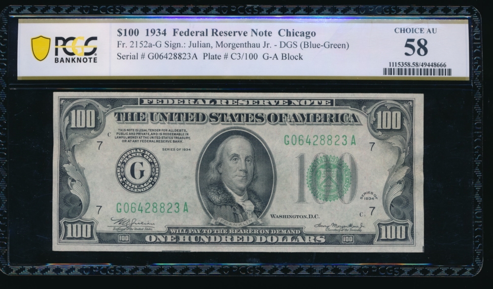 Fr. 2152-G 1934 $100  Federal Reserve Note Chicago PCGS 58 G06428823A