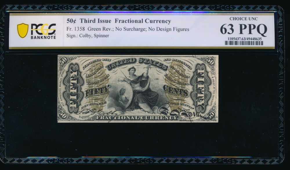 Fr. 1358  $0.50  Fractional Third Issue: Justice green back PCGS 63PPQ no serial number