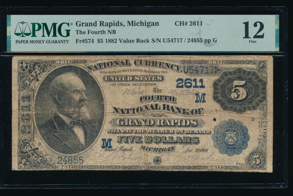 Fr. 574 1902 $5  National: Value Back Ch #2611 The Courth National Bank of Grand Rapids, Michigan PMG 12 24855