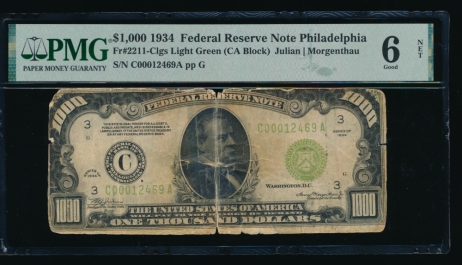 Fr. 2211-C 1934 $1,000  Federal Reserve Note Philadelphia PMG 6NET C00012469A
