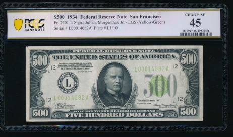 Fr. 2201-L 1934 $500  Federal Reserve Note San Francisco LGS PCGS 45 comment L00014082A