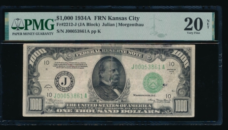 Fr. 2212-J 1934A $1,000  Federal Reserve Note Kansas City PMG 20 NET J00053861A