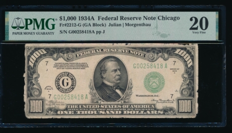 Fr. 2212-G 1934A $1,000  Federal Reserve Note Chicago PMG 20 comment G00258418A