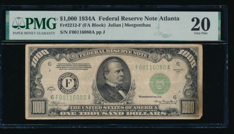 Fr. 2212-F 1934A $1,000  Federal Reserve Note Atlanta PMG 20 comment F00116080A