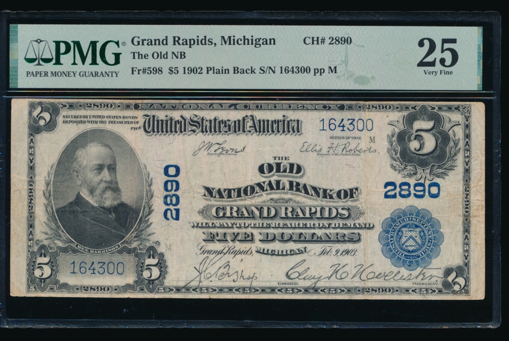 Fr. 598 1902 $5  National: Plain Back Ch #2890 The Old National Bank of Grand Rapids, Michigan PMG 25 164300