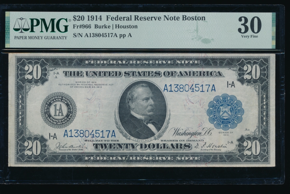 Fr. 966 1914 $20  Federal Reserve Note Boston PMG 30 A13804517A