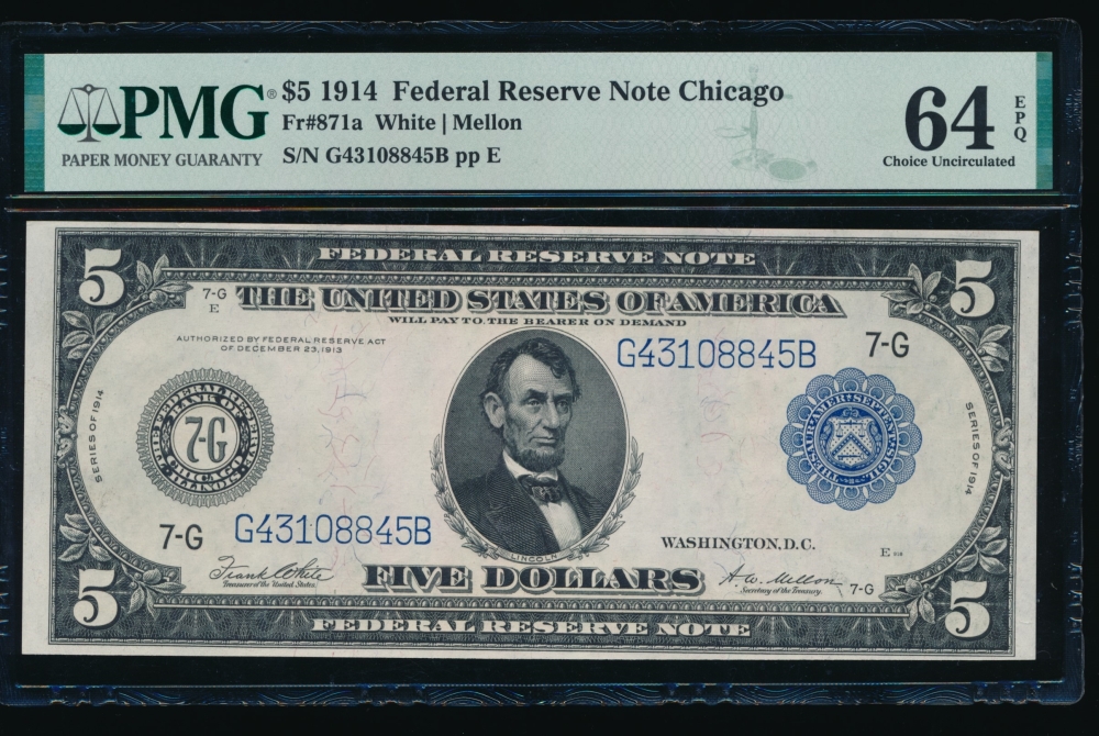 Fr. 871a 1914 $5  Federal Reserve Note Chicago PMG 64EPQ G43108845B