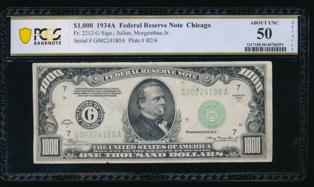 Fr. 2212-G 1934A $1,000  Federal Reserve Note  PCGS 50 details G00224180A