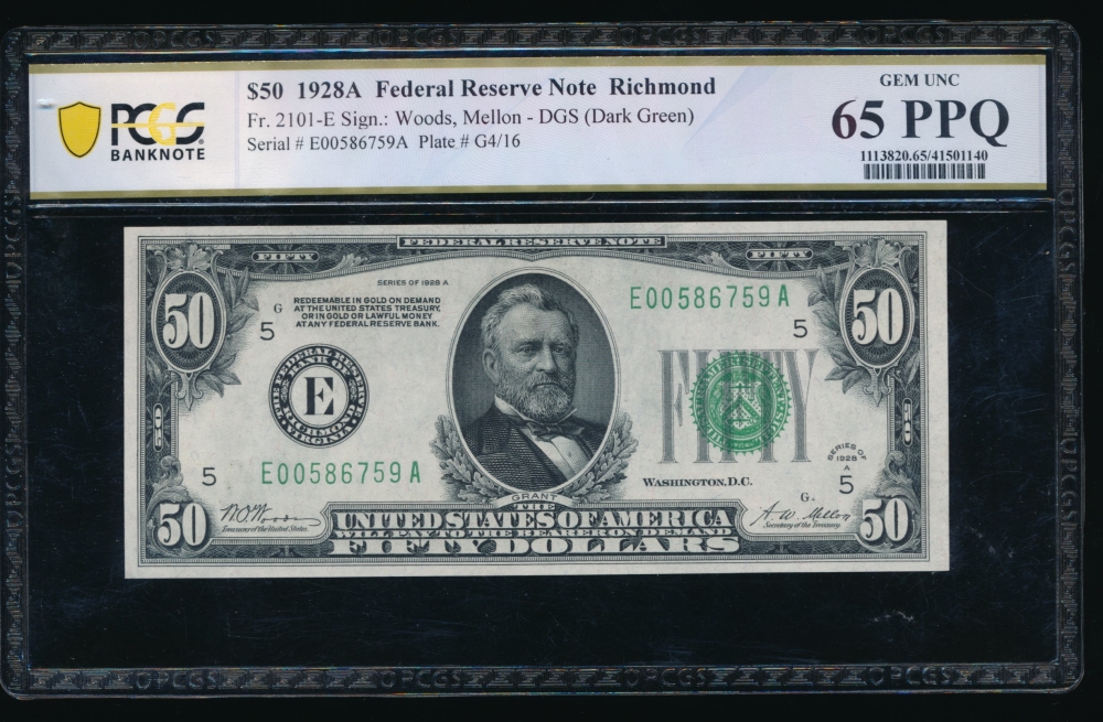 Fr. 2101-E 1928A $50  Federal Reserve Note Richmond PCGS 65PPQ E00586759A