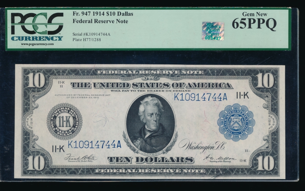 Fr. 947 1914 $10  Federal Reserve Note Dallas PCGS-C 65PPQ K10914744A