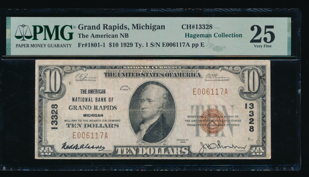 Fr. 1801-1 1929 $10  National: Type I Ch #13328 The American National Bank of Grand Rapids, Michigan PMG 25 E006117A