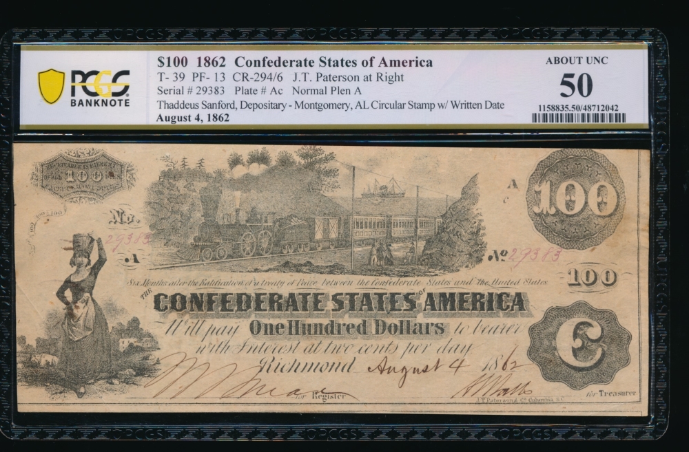 Fr. T-39 1862 $100  Confederate  PCGS 50 29383