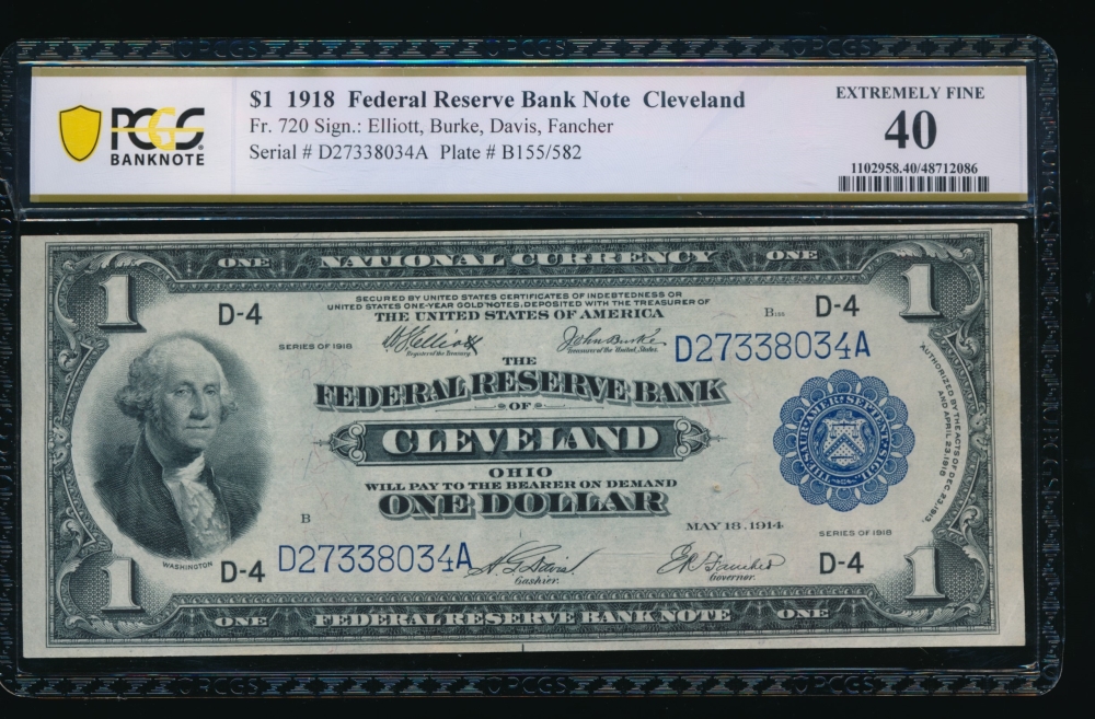 Fr. 720 1918 $1  FRBN Cleveland PCGS 40 D27338034A