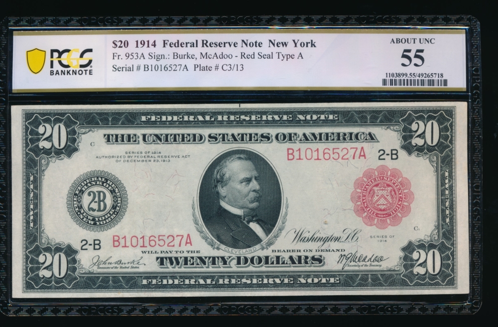 Fr. 953a 1914 $20  Federal Reserve Note New York red seal PCGS 55 B1016527A