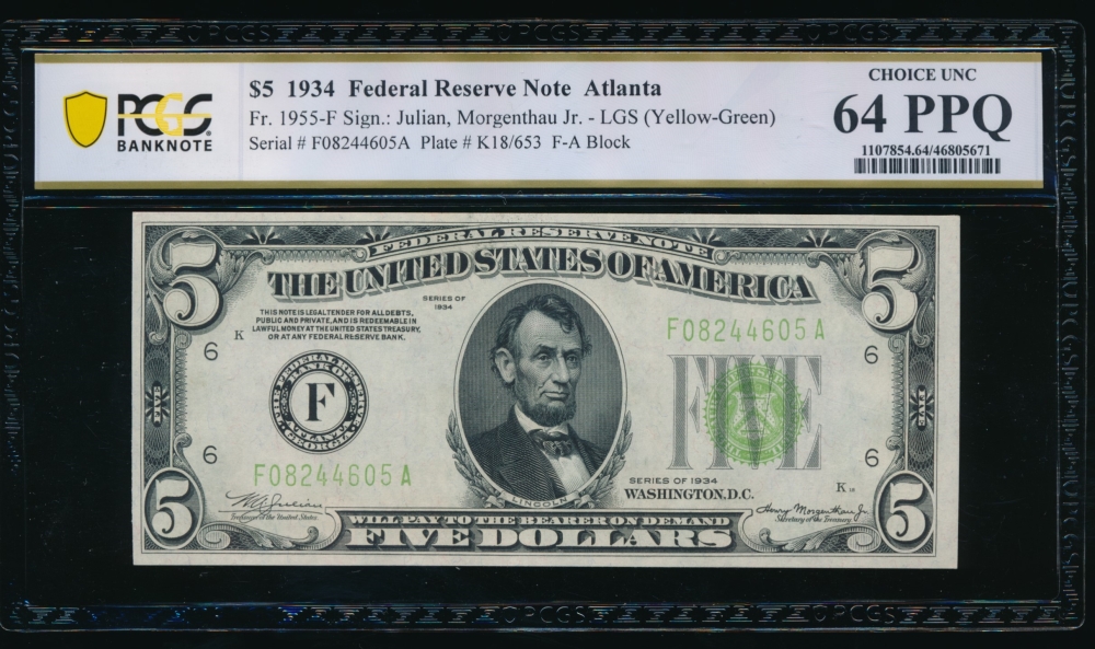 Fr. 1955-F 1934 $5  Federal Reserve Note Atlanta LGS PCGS 64PPQ F08244605A