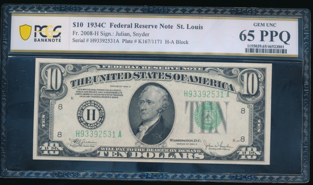 Fr. 2008-H 1934C $10  Federal Reserve Note Saint Louis PCGS 65PPQ H93392531A