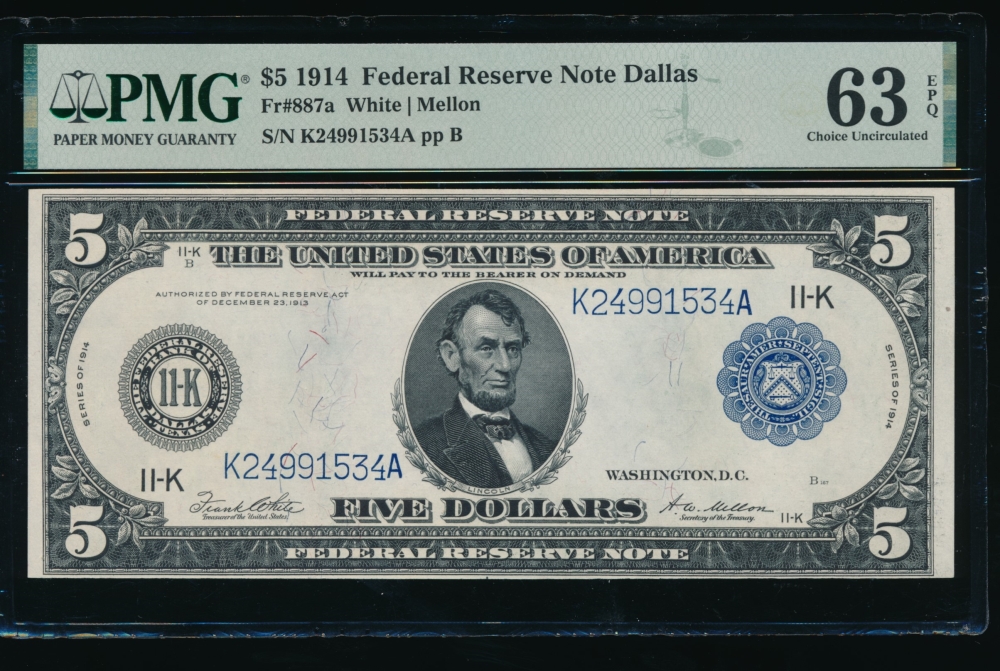 Fr. 887a 1914 $5  Federal Reserve Note Dallas PMG 63EPQ K24991534A