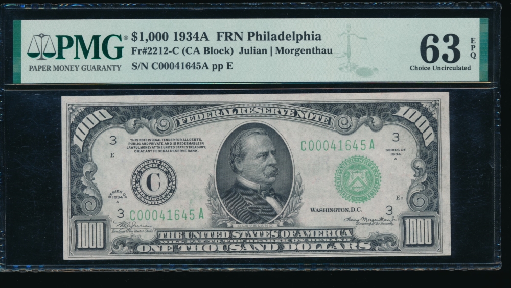 Fr. 2212-C 1934A $1,000  Federal Reserve Note Philadelphia PMG 63EPQ C00041645A