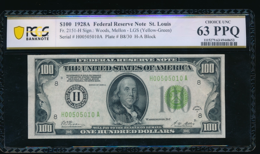 Fr. 2151-H 1928A $100  Federal Reserve Note Saint Louis LGS PCGS 63PPQ H00505010A