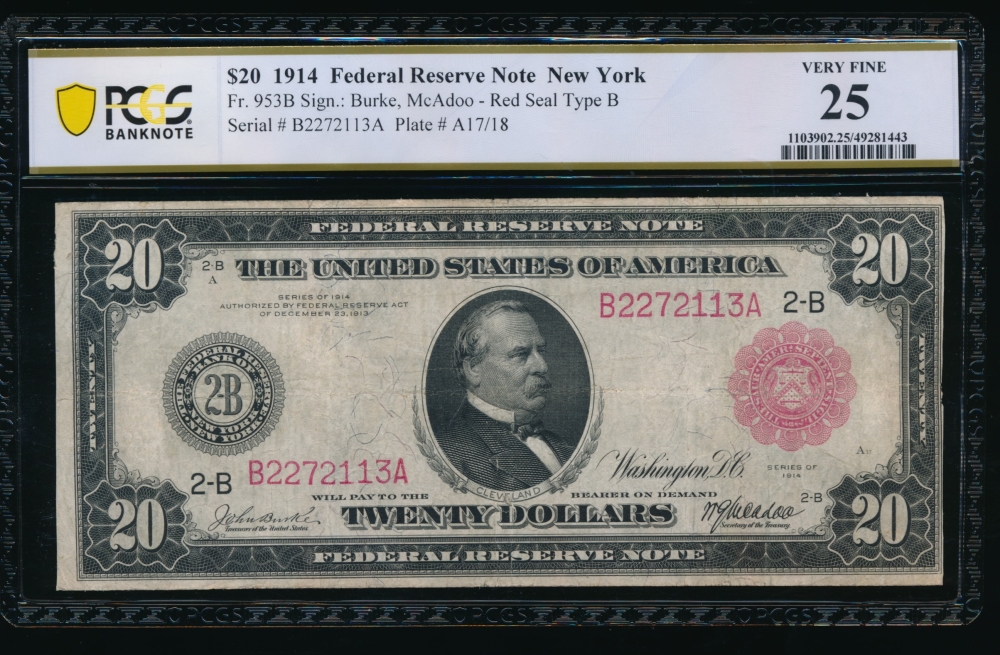 Fr. 953b 1914 $20  Federal Reserve Note New York red seal PCGS 25 comment B2272113A