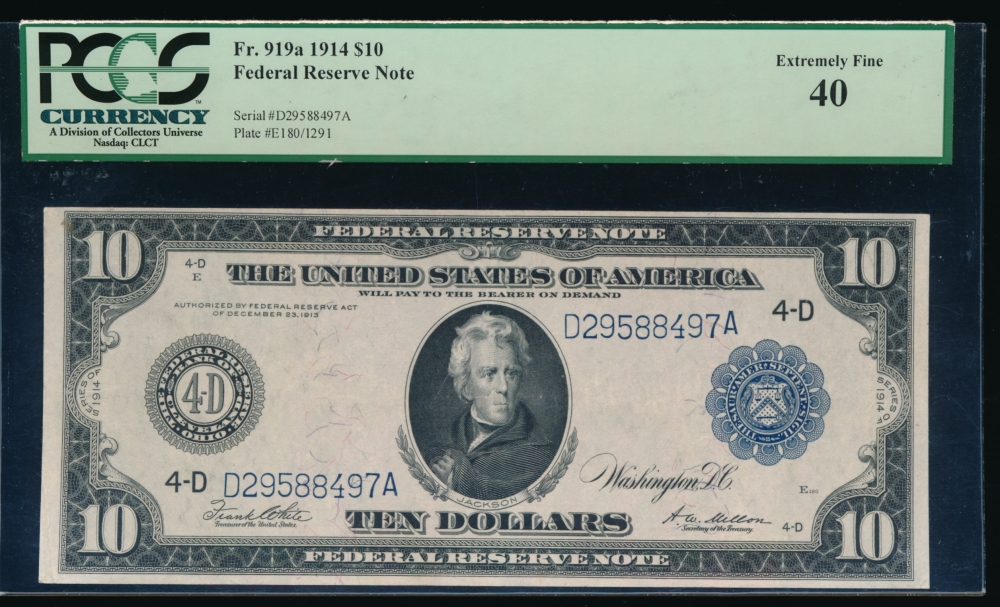 Fr. 919a 1914 $10  Federal Reserve Note  PCGS-C 40 D29588497A