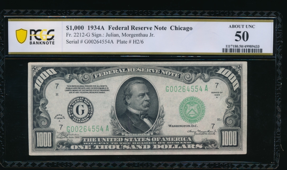 Fr. 2212-G 1934A $1,000  Federal Reserve Note Chicago PCGS 50 G00264554A