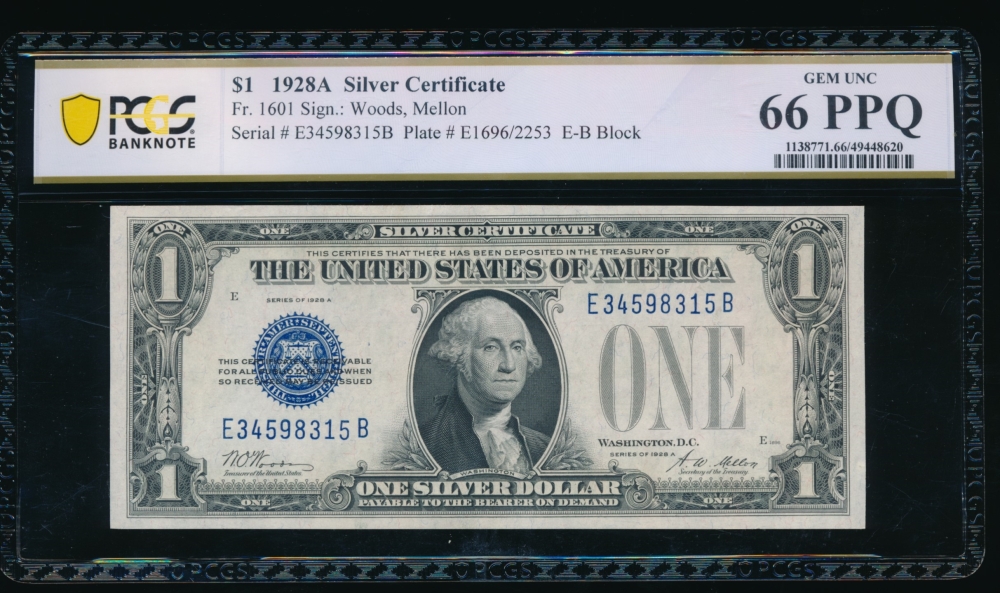 Fr. 1601 1928A $1  Silver Certificate EB block PCGS 66PPQ E34598315B