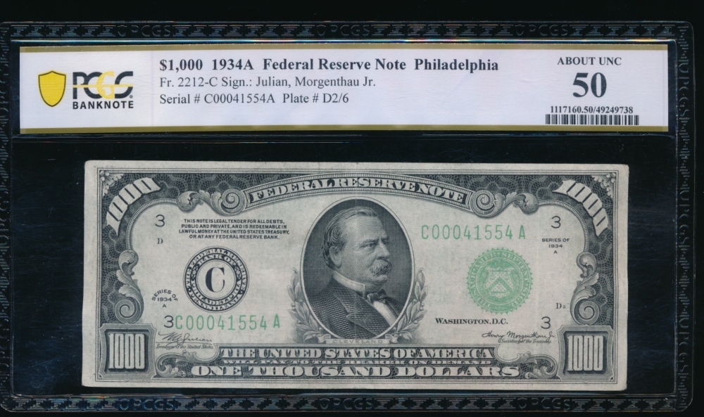 Fr. 2212-C 1934A $1,000  Federal Reserve Note Philadelphia PCGS 50 C00041554A