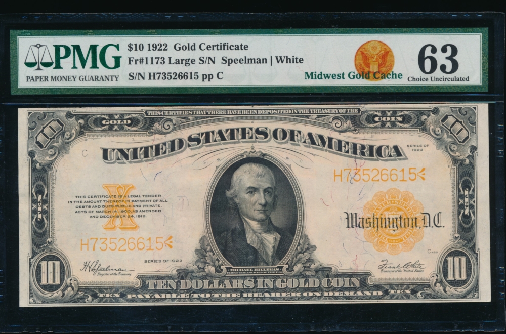 Fr. 1173 1922 $10  Gold Certificate  PMG 63 H73526615