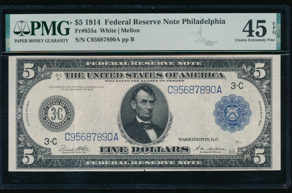 Fr. 855a 1914 $5  Federal Reserve Note Philadelphia PMG 45EPQ C95687890A