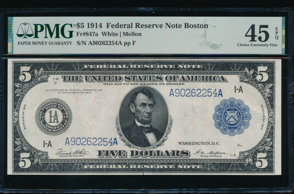 Fr. 847a 1914 $5  Federal Reserve Note Boston PMG 45EPQ A902622554A