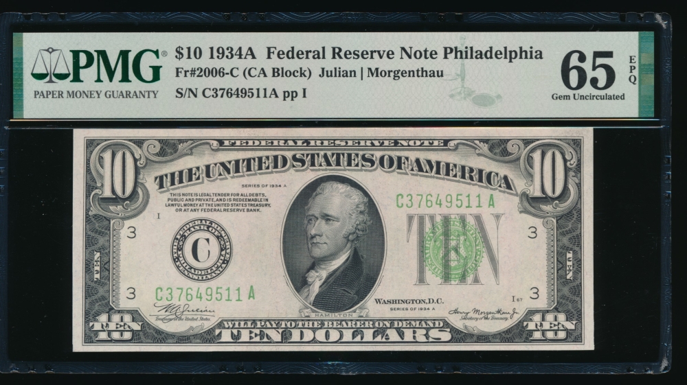 Fr. 2006-C 1934A $10  Federal Reserve Note Philadelphia PMG 65EPQ C37649511A