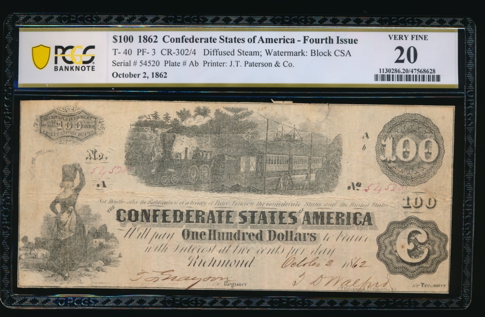 Fr. T-40 1862 $100  Confederate  PCGS 20 54520 A