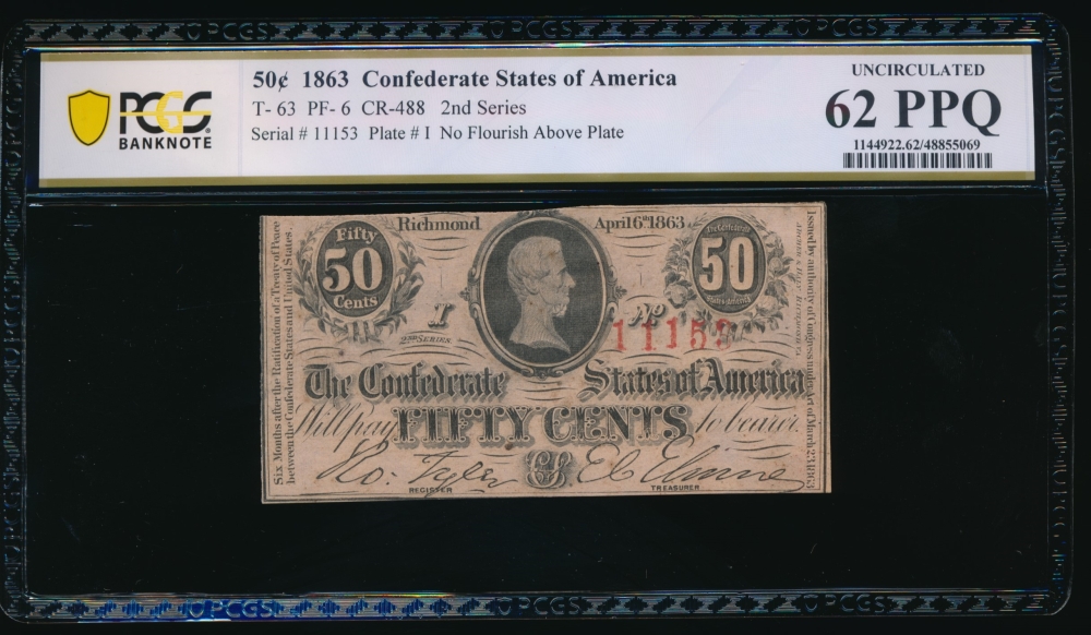 Fr. T-63 1863 $0.50  Confederate  PCGS 62PPQ 11153