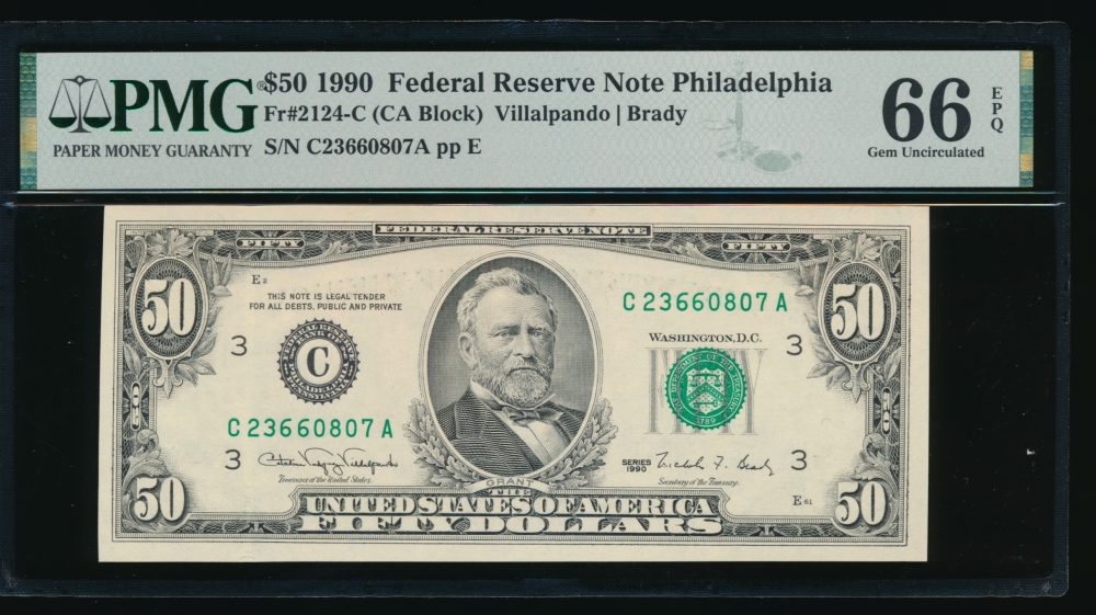 Fr. 2124-C 1990 $50  Federal Reserve Note Philadelphia PMG 66EPQ C23660807A