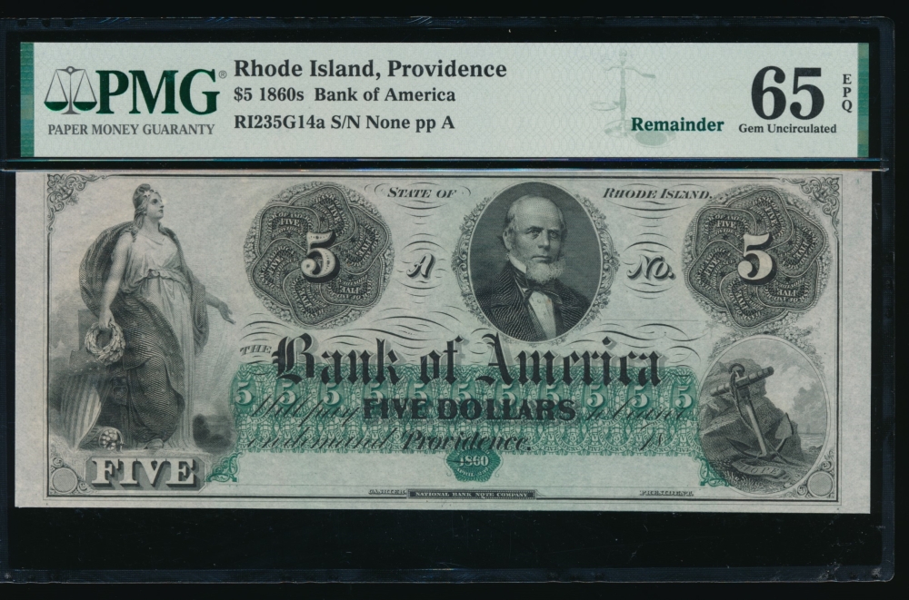 Fr. RI-235 G14 1860s $5  Obsolete Bank of America, Rhode Island PMG 65EPQ no serial number