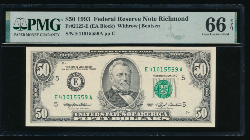 Fr. 2125-E 1993 $50  Federal Reserve Note Richmond PMG 66EPQ E41015559A