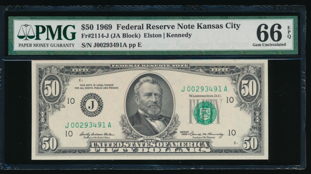 Fr. 2114-J 1969 $50  Federal Reserve Note Kansas City PMG 66EPQ J00293491A