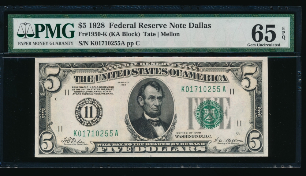 Fr. 1950-K 1928 $5  Federal Reserve Note Dallas PMG 65EPQ K01710255A