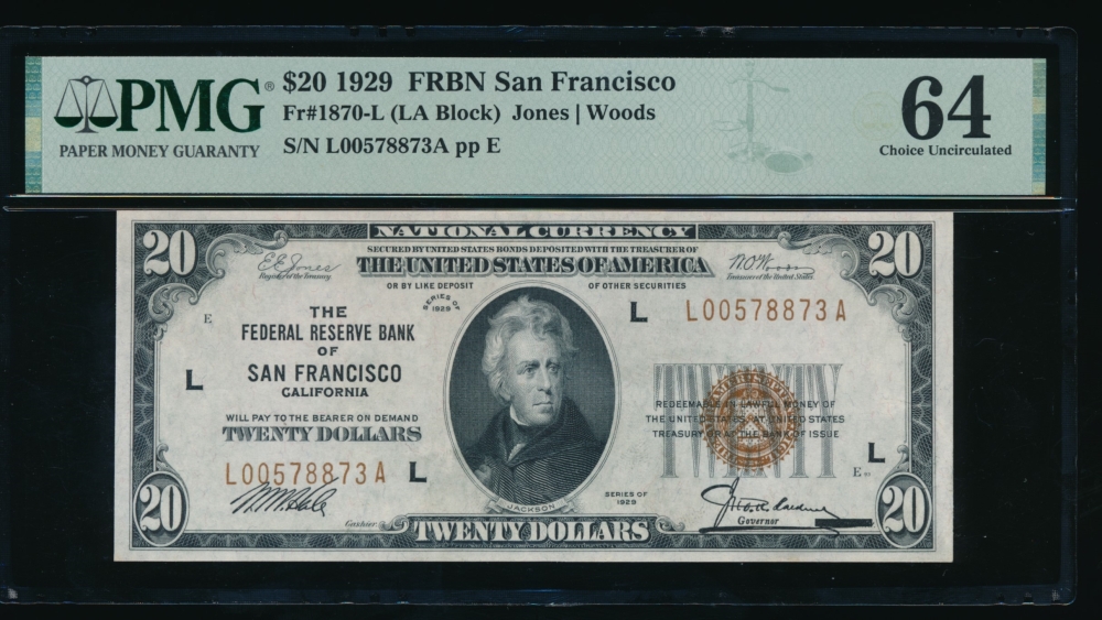 Fr. 1870-L 1929 $20  FRBN San Francisco PMG 64 L00578873A