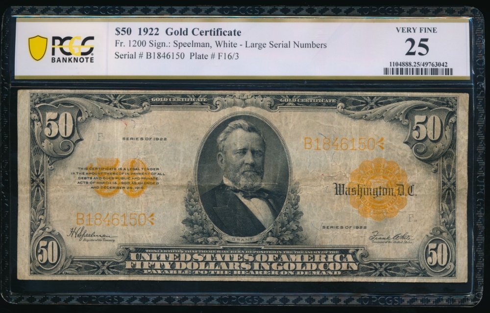 Fr. 1200 1922 $50  Gold Certificate  PCGS 25 B1846150