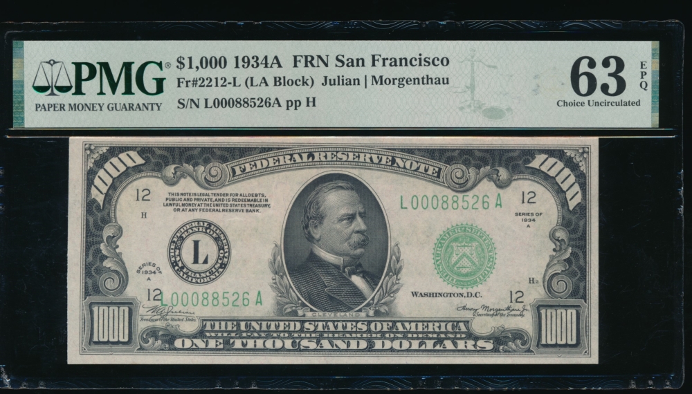 Fr. 2212-L 1934A $1,000  Federal Reserve Note San Francisco PMG 63EPQ L00088526A