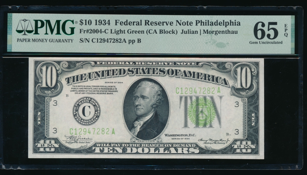 Fr. 2004-C 1934 $10  Federal Reserve Note Philadelphia LGS PMG 65EPQ C12947282A