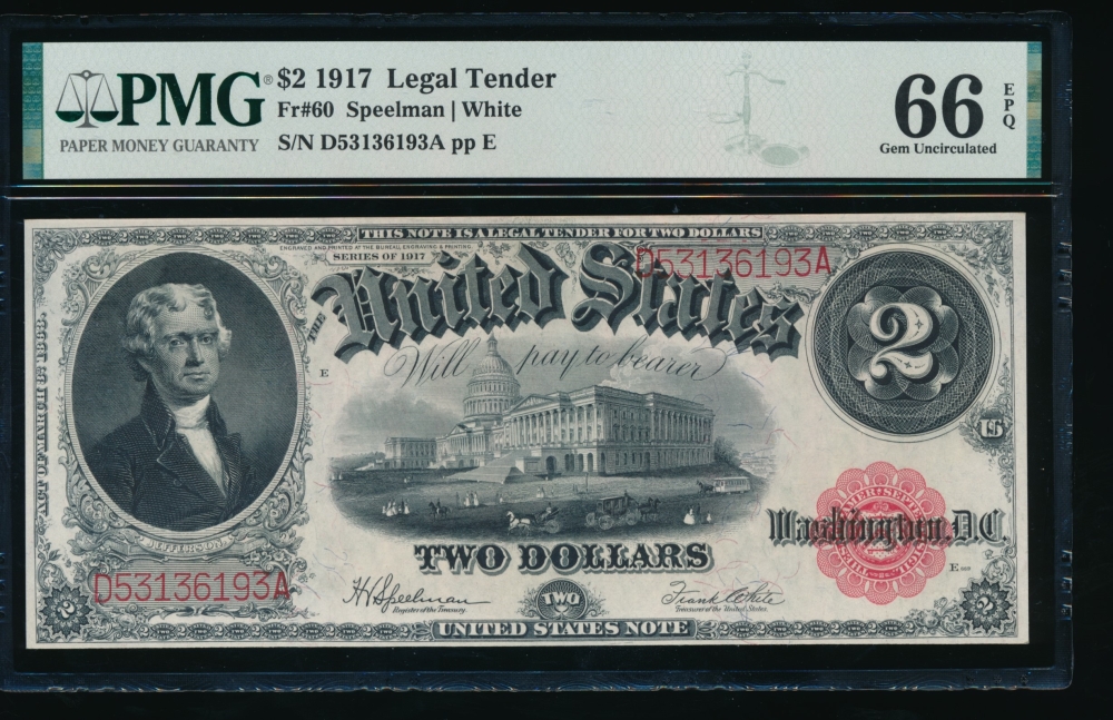 Fr. 60 1917 $2  Legal Tender  PMG 66EPQ D53136193A