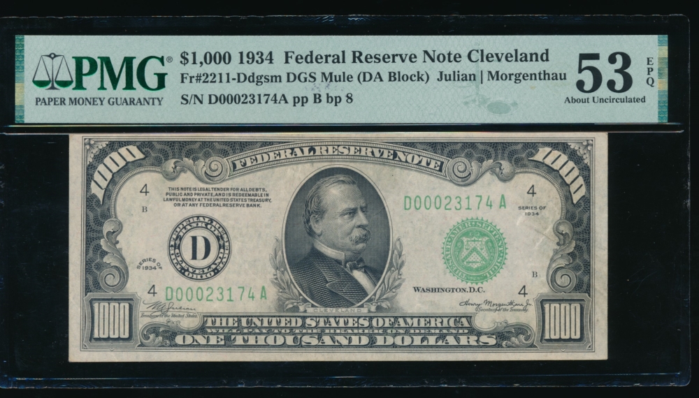 Fr. 2211-D 1934 $1,000  Federal Reserve Note Cleveland PMG 53EPQ D00023174A