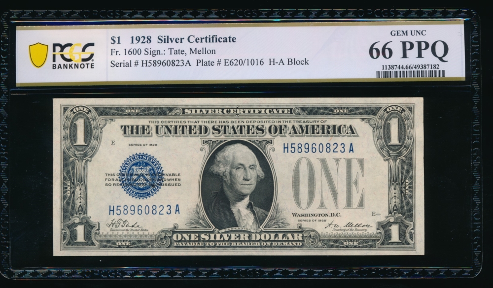 Fr. 1600 1928 $1  Silver Certificate HA block PCGS 66PPQ H58960823A