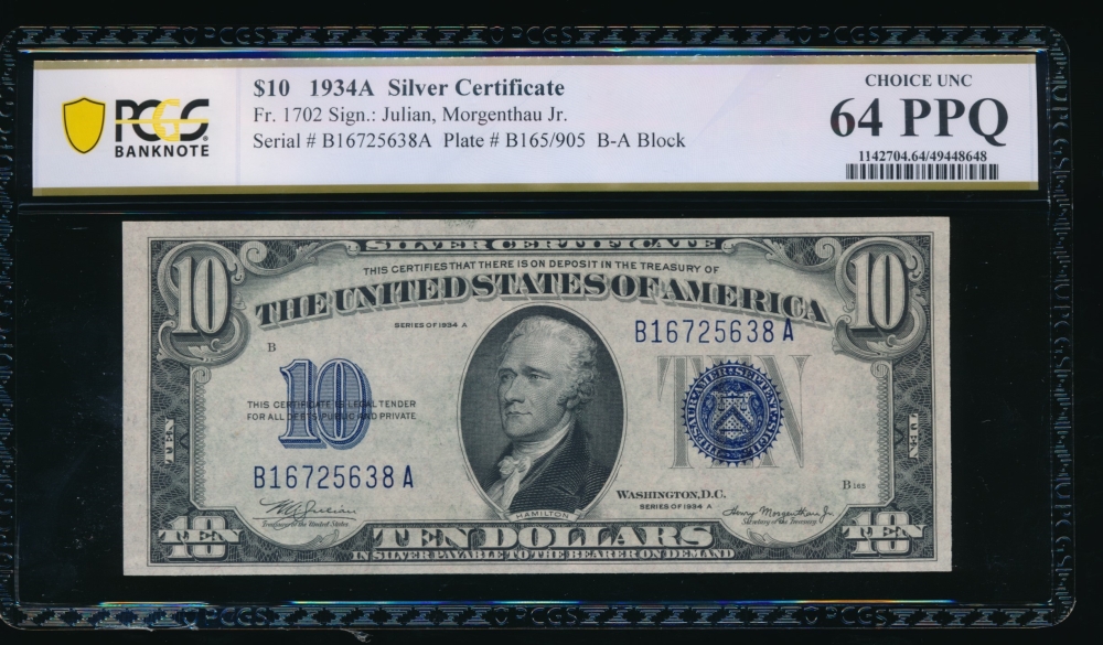 Fr. 1702 1934A $10  Silver Certificate BA block PCGS 64PPQ B16725638A