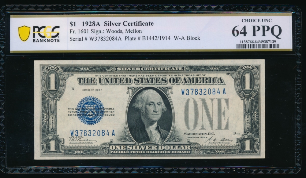 Fr. 1601 1928A $1  Silver Certificate WA block PCGS 64PPQ W37821084A