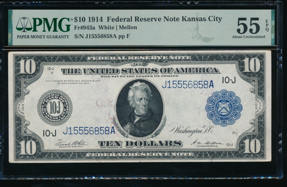 Fr. 943a 1914 $10  Federal Reserve Note Kansas City PMG 55EPQ J15556858A